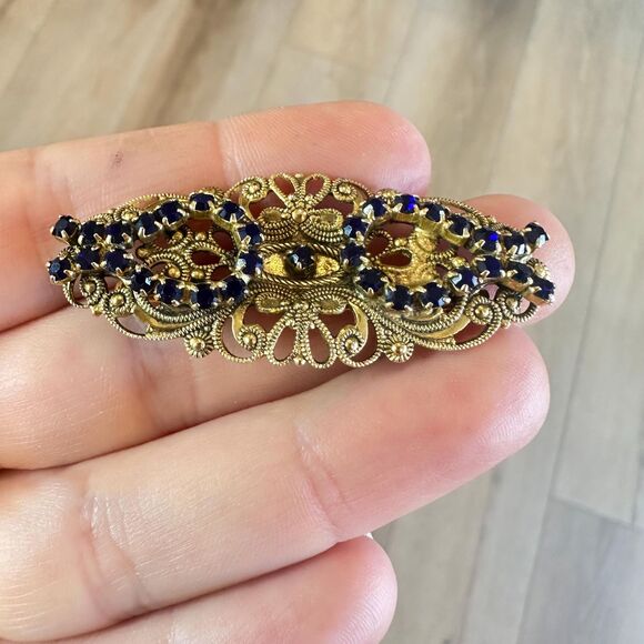 Vintage Jewelry Freirich Gold Filigree Blue Rhinestone Victorian Brooch French - Picture 2 of 5